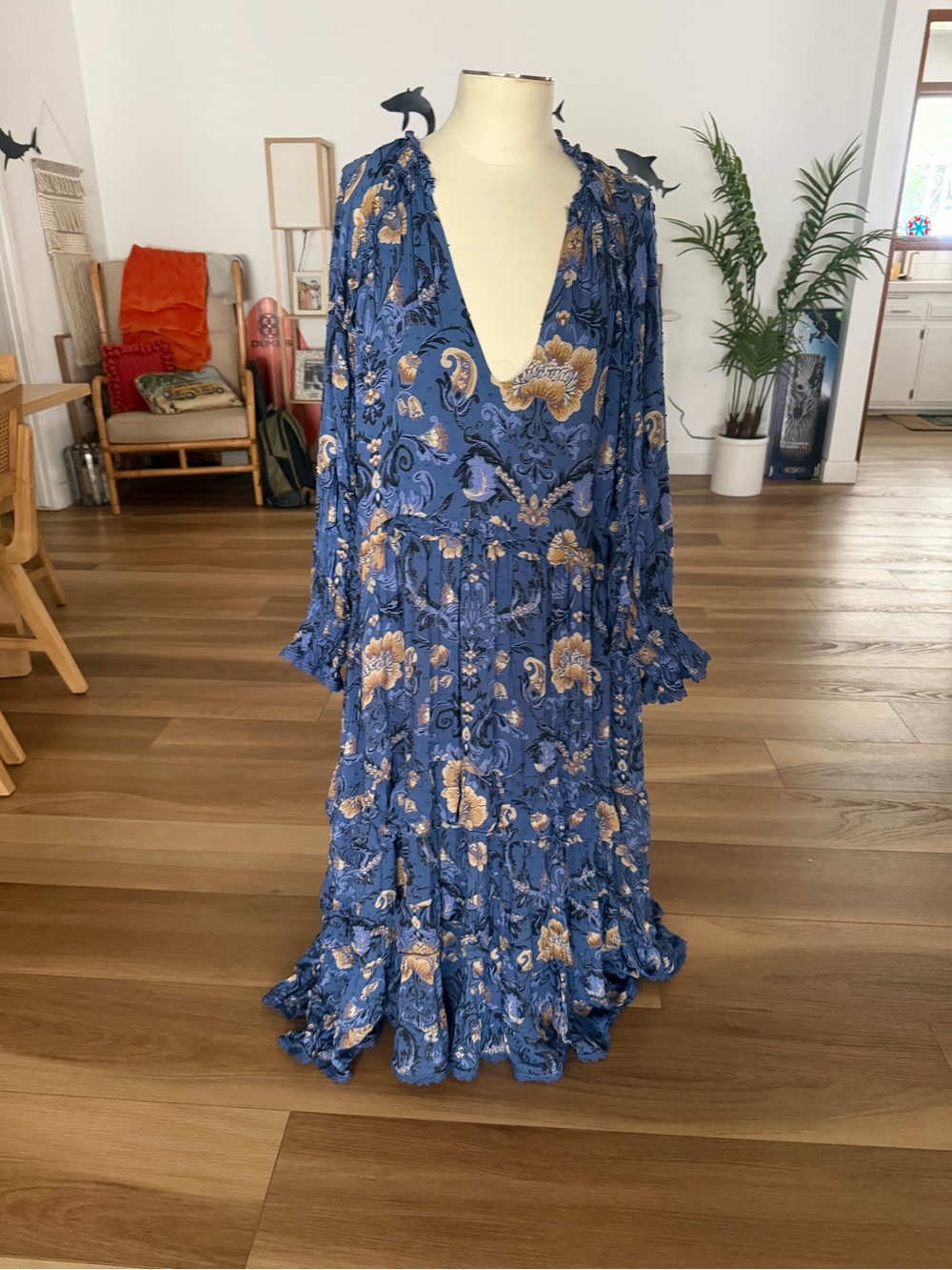 Spell & The Gypsy Blue Floral V-Neck Long Sleeve Maxi Dress